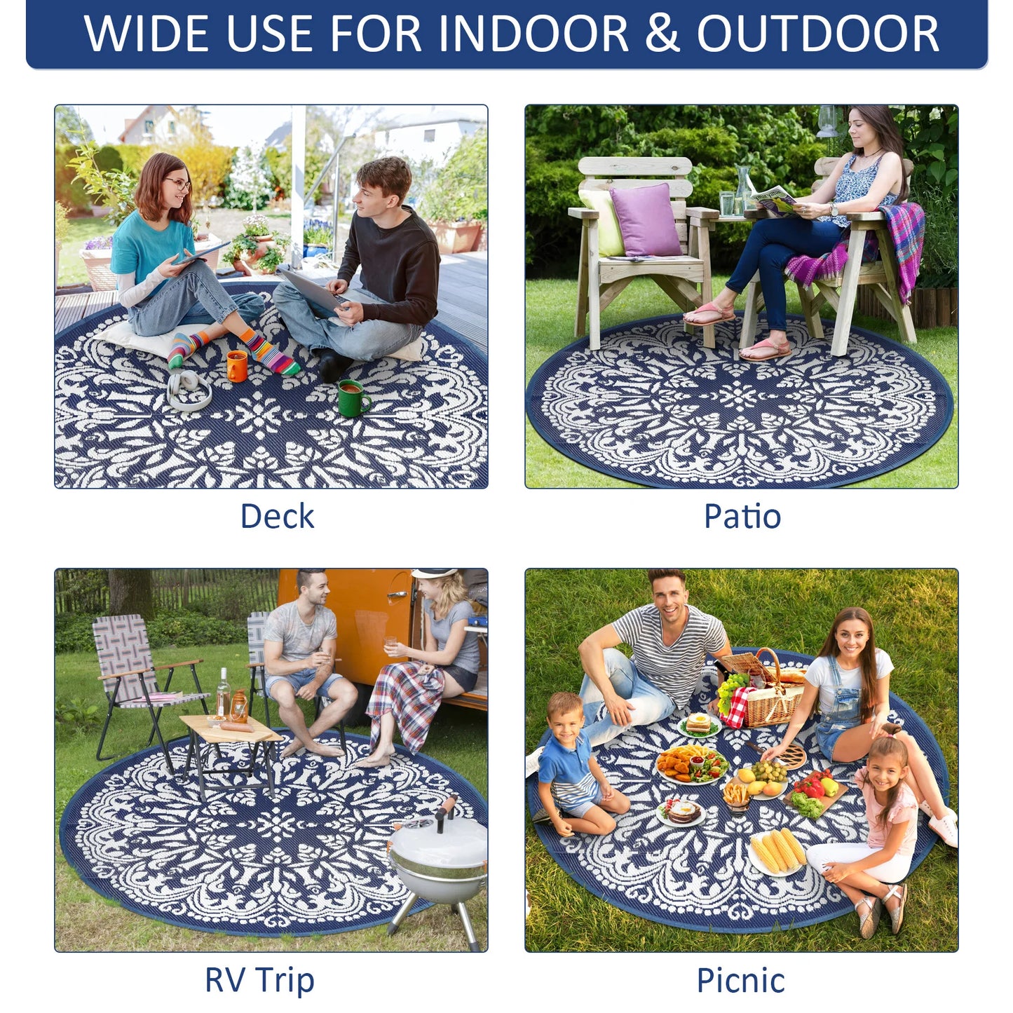 Round Outdoor Rugs Patio Rugs Clearance Reversible Plastic Straw Rugs Waterproof Lightweight Camping Mat Portable RV for BBQ