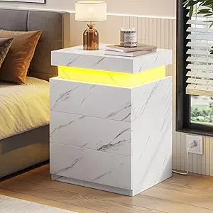 Nightstand with Charging Station and LED Lights, Led Nightstand with Sliding Top,Night Stand with Drawers, Modern End Table Side