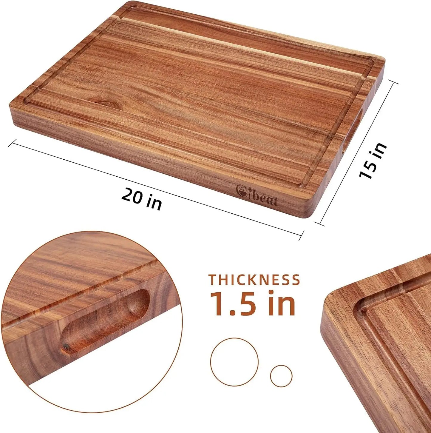 Acacia Wooden Cutting Board For Kitchen Thick Chopping Board With Side Handles & Water Grooves, Butcher Block Cutting Board