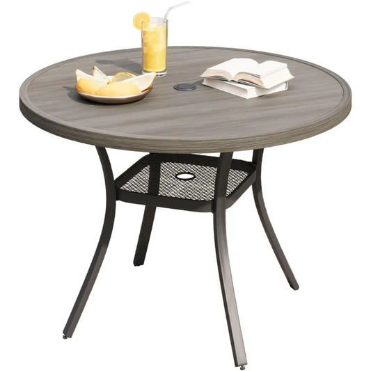 DIFY Outdoor Dining Table for 4, Round Patio Table with Umbrella Hole for Garden, Backyard and Porch (Grey)