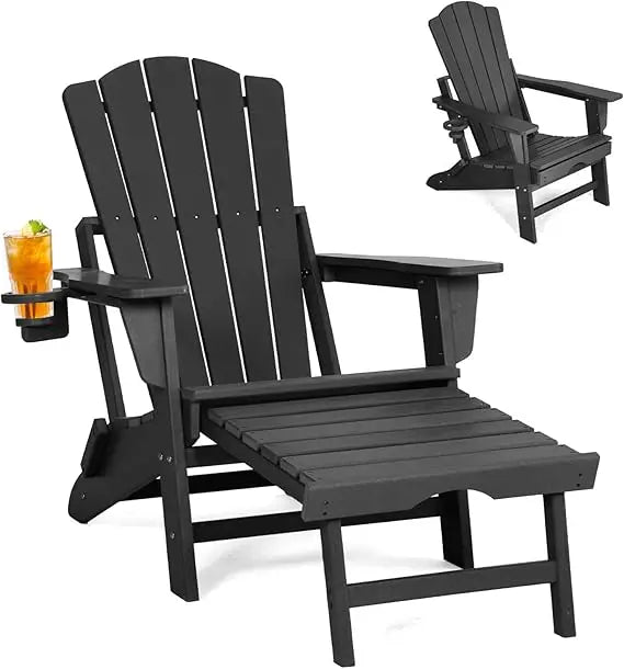 Folding Adirondack Chair with Retractable Ottoman, All Weather Fire Pit Chairs with Cup Holder, Outdoor Chair with Ottoman, Black