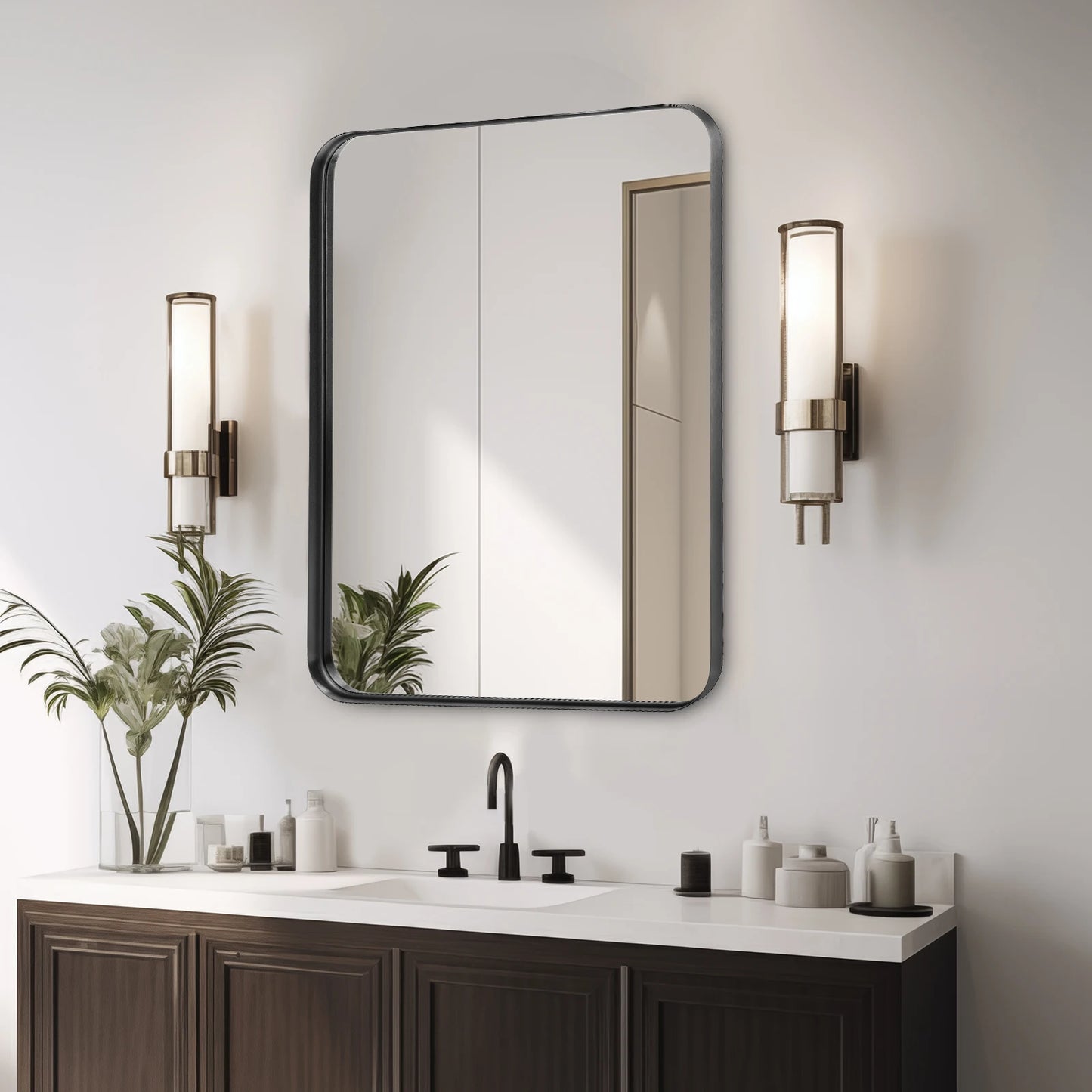 JHK 24x36 Inch Matte Metal Framed Living Room, Hallway,  Bathroom Wall Mirror Vanity Rectangle Rounded Corner Tempered Glass Mirror Clear Reflection