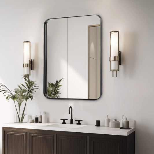 JHK 24x36 Inch Matte Metal Framed Living Room, Hallway,  Bathroom Wall Mirror Vanity Rectangle Rounded Corner Tempered Glass Mirror Clear Reflection