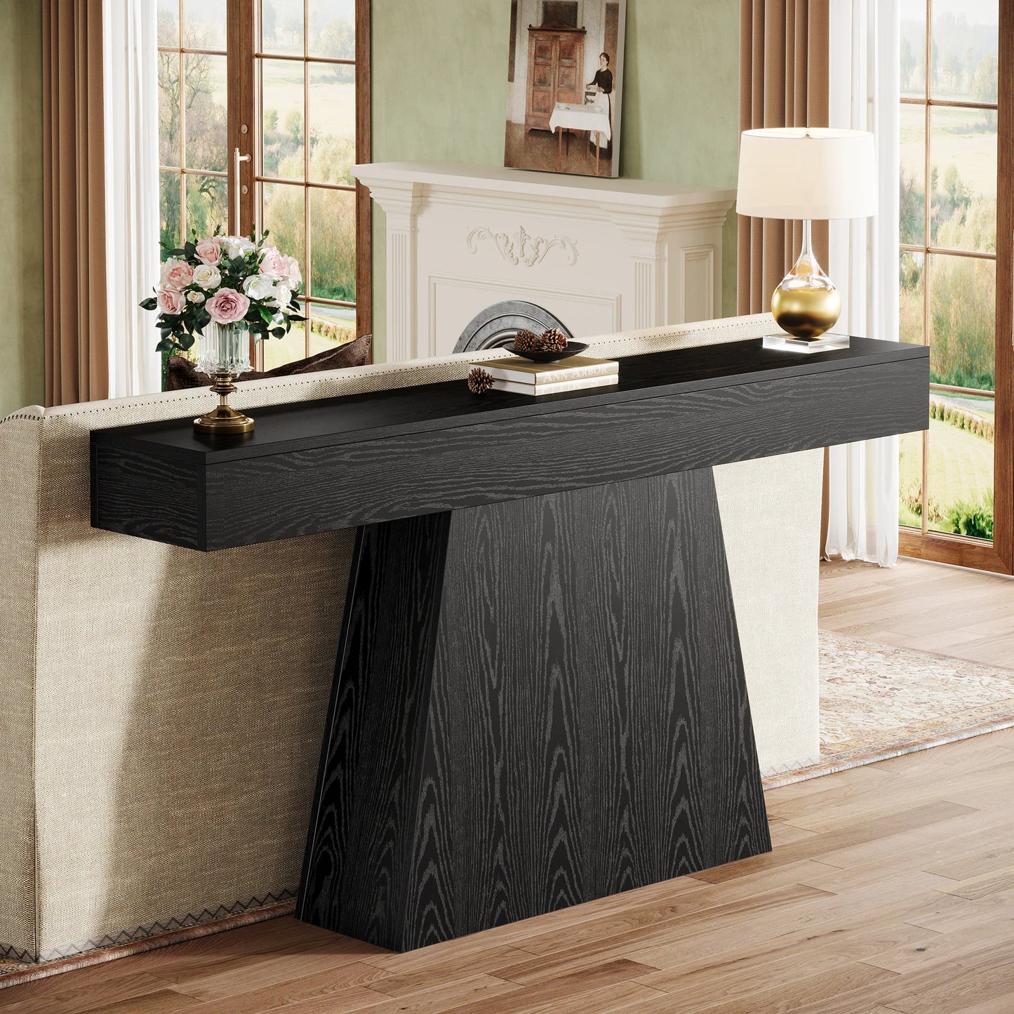 Tribesigns 63" Black Console Table, Farmhouse Entryway Table with Trapezoidal Base, Narrow Long Wood Sofa Table