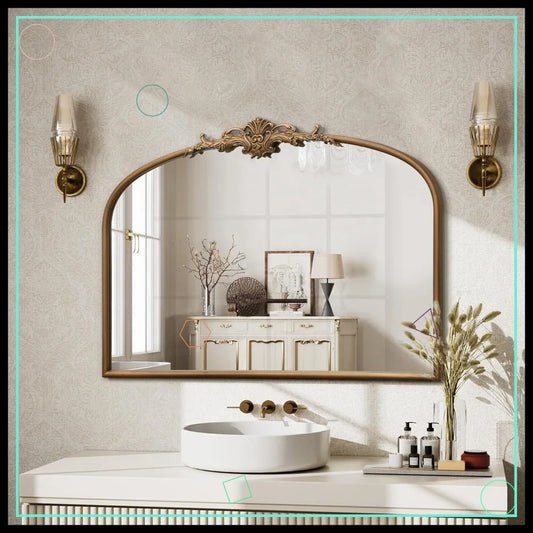 Vintage Arched Gold Mirror 32x24 Inch Large Baroque Wall Mounted for Entryway Fireplace Bathroom Home Decor