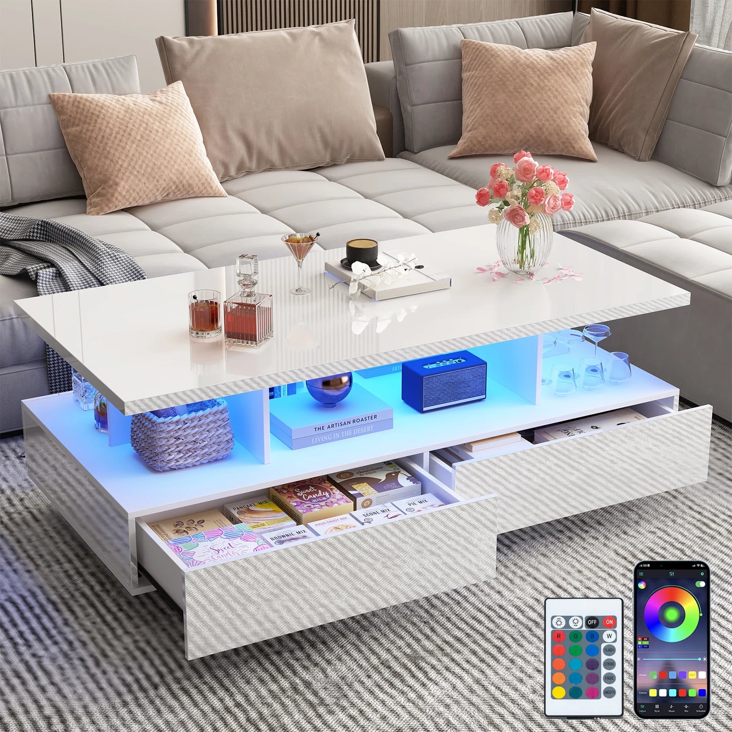 43 Inch LED Coffee Table w/2 Storage Drawers, Modern High Gloss Coffee Table w/Display Shelf, Rectangle 2-Tier Center Table (Multiple colors)