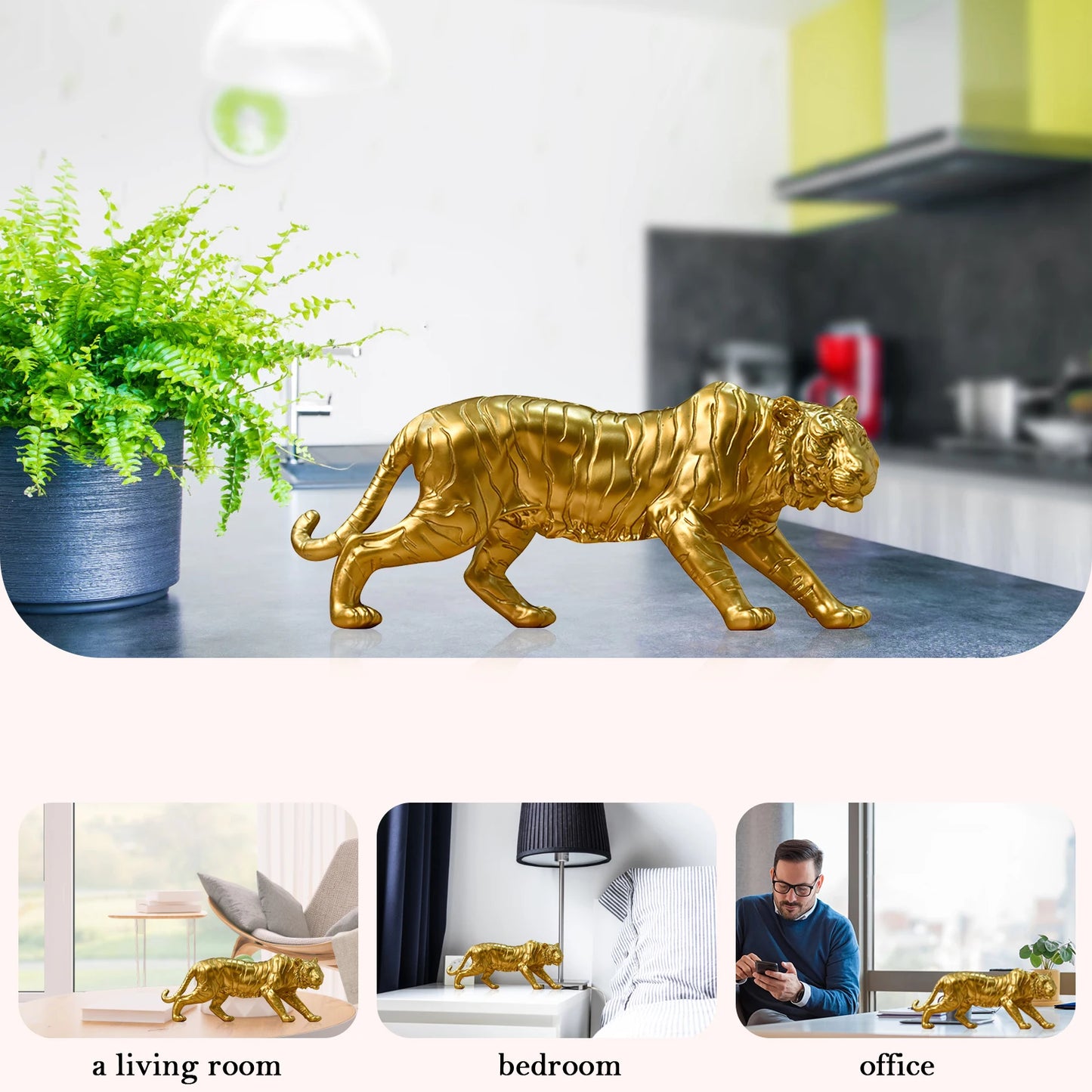 Resin Tiger Statue Art Ornaments Gold Zodiac Animal Sculpture Christmas Gift Collectibles for Home Office TV Cabinet Decor
