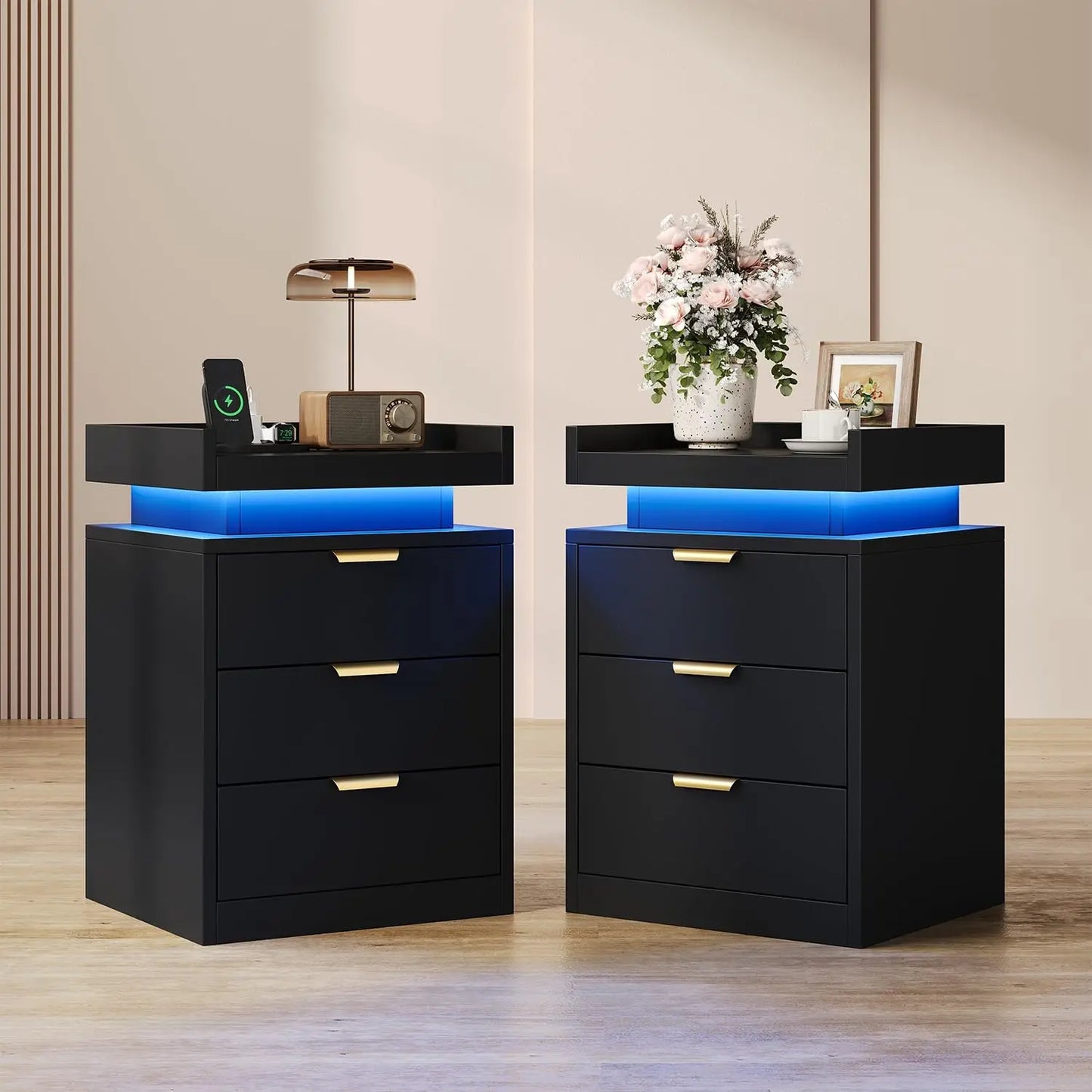 LED End Tables, Set of 2 with Charging Station USB Ports, 3-Drawer Bedside Table with Adjustable, Modern Nightstands for Bedroom