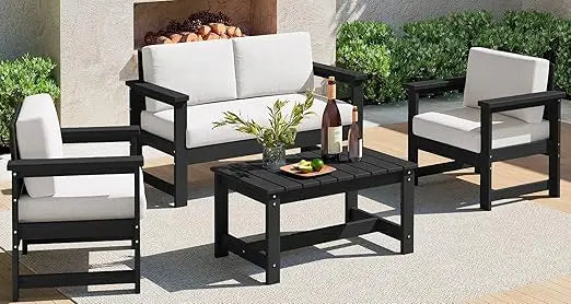 4 Pieces HDPE Outdoor Sofa Set with Cushions, All Weather Use Loveseat Furniture, Outdoor Conversation Couch Set with Coffee Table