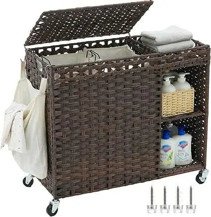 Synthetic Rattan Laundry Hamper with Lid and Wheels, 160L Capacity, Handwoven Double-Section Storage Organizer for Efficient Home