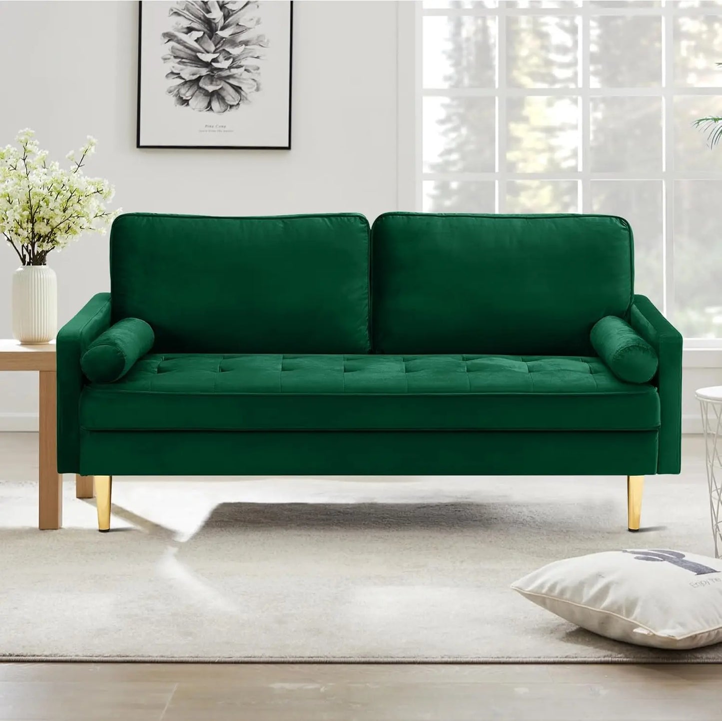 67" Modern Velvet Loveseat Sofa Couch, Mid-Century Tufted Upholstered Small Love Seat Couch with 2 Pillows & 4 Golden Legs (Multiple colors)
