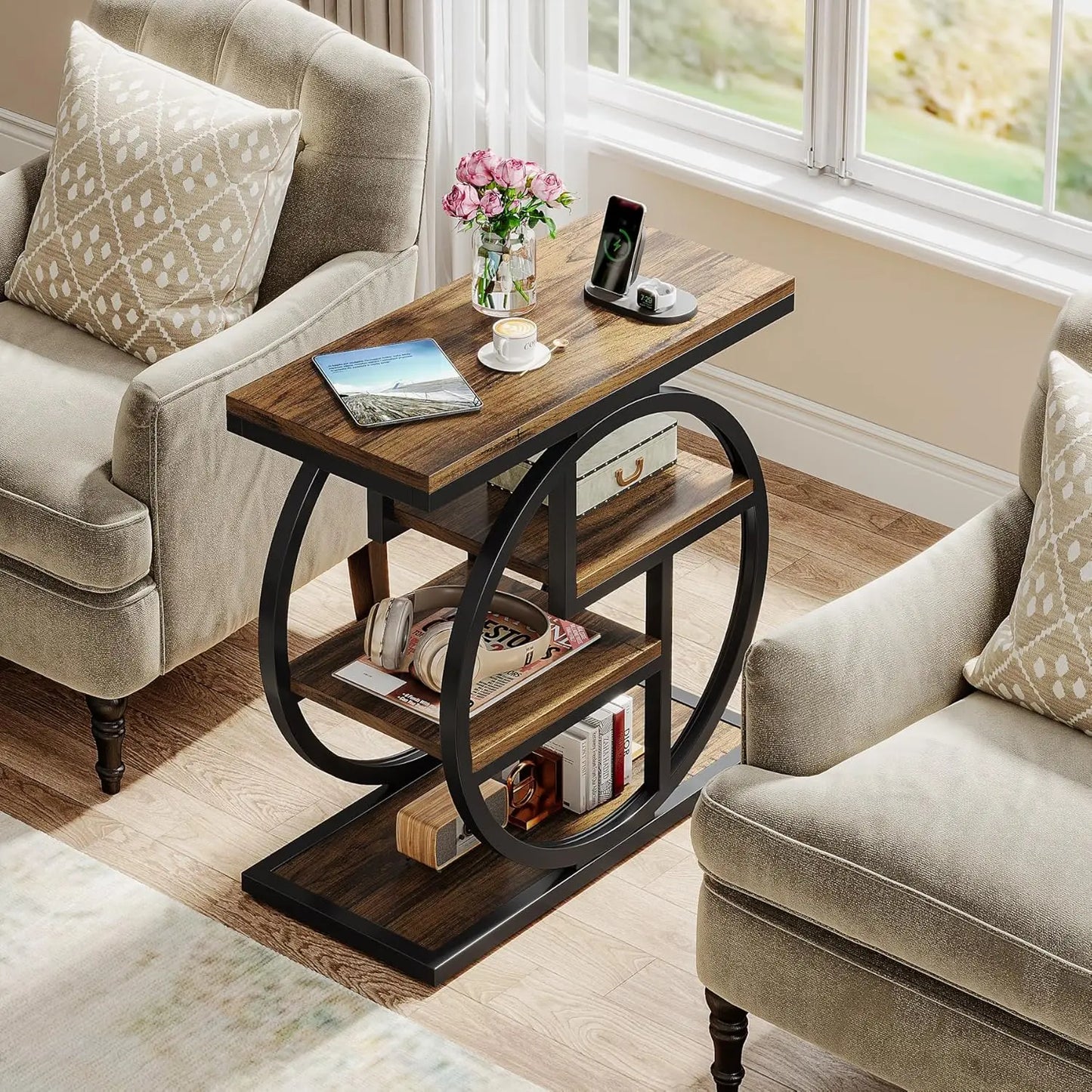 End Table Set of 2, 4-Tier Narrow Side Table with Storage Shelves, Wood Small Sofa Side Table with Geometric Metal Frame