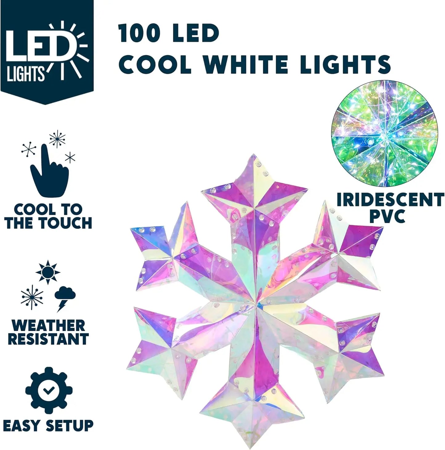 JOYFY 15 in Prismatic Iridescent Snowflake Light Prismatic Christmas Decor 100 LED Cool White Lights for Indoor Christmas Décor