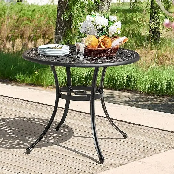 NUU GARDEN 35 Round Patio Bistro Table, Cast Aluminum Round Outdoor Bistro Table with Umbrella Hole for Poolside, Deck, Porch