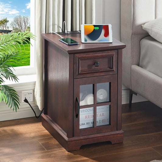 Farmhouse XXL End Table with Charging Station, Side Table with USB Ports and Outlets, Nightstand with Drawer and Glass Door Storage (Multiple colors)