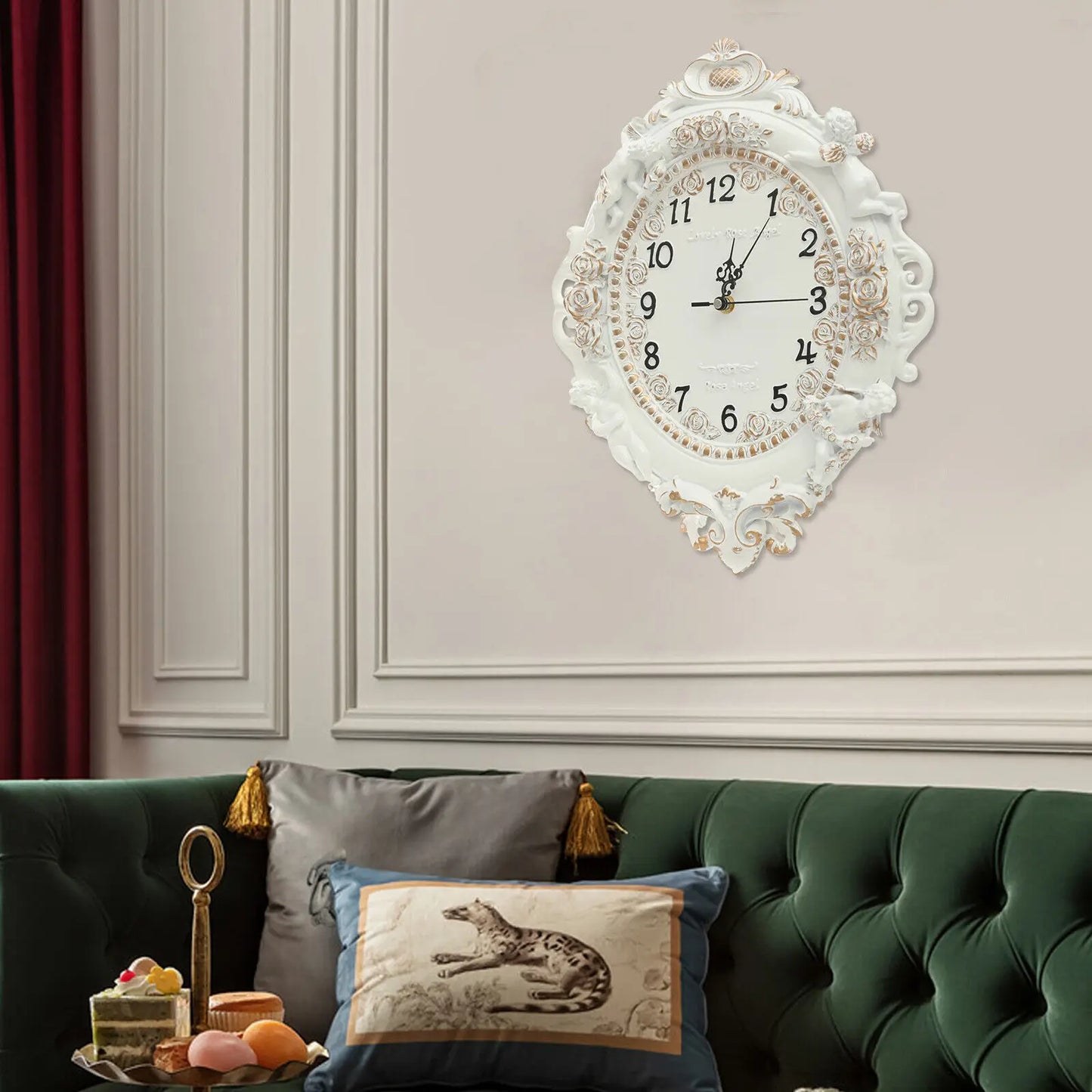 European Style Wall Clock Wall-Mounted Numbers, For Bedroom, Office, White