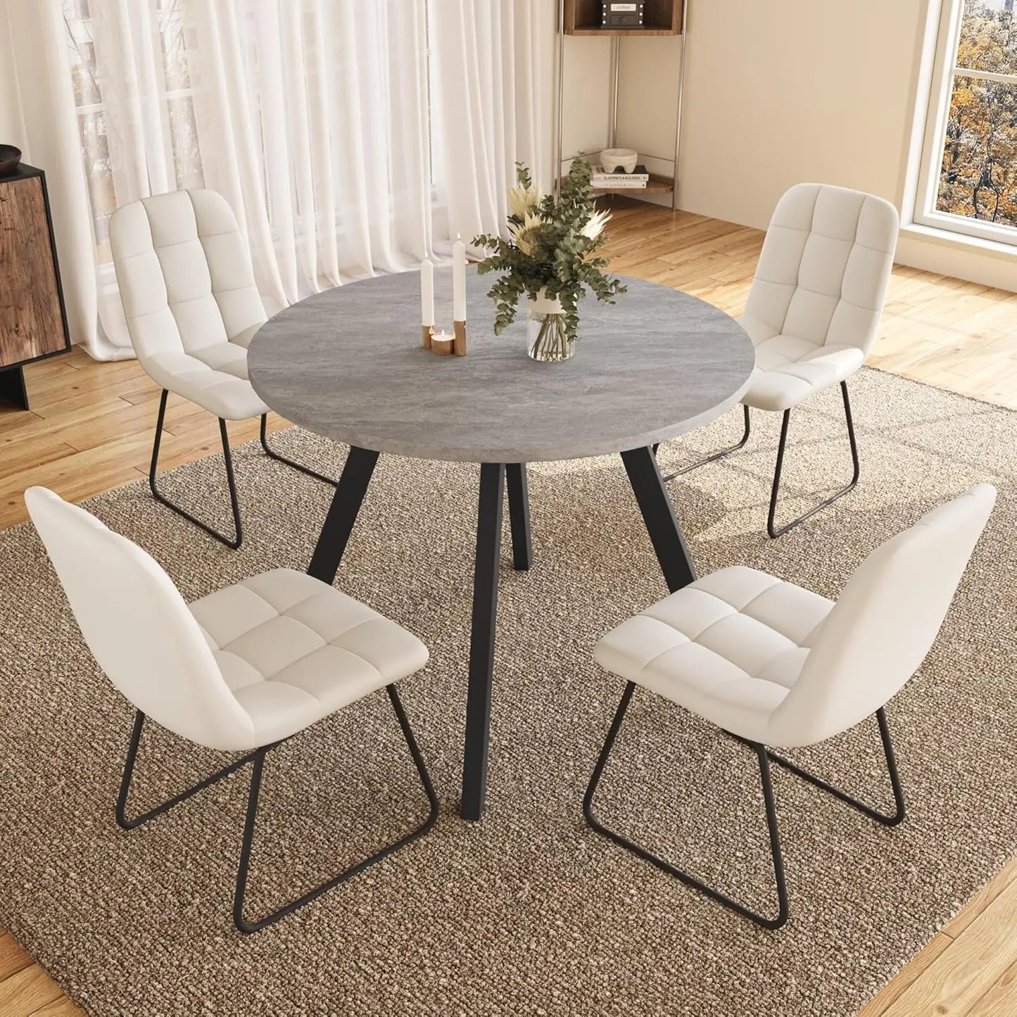 34.6'' Round Dining Table and Chairs for 4, Mid Century Modern Round Table Set, Space Saving for Apartment Kitchen Dining Room
