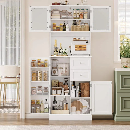 72 Inch High Kitchen Pantry Cabinet, Kitchen Cabinet with Doors and Shelves, Modern Pantry Cabinet with 2 Drawers, White