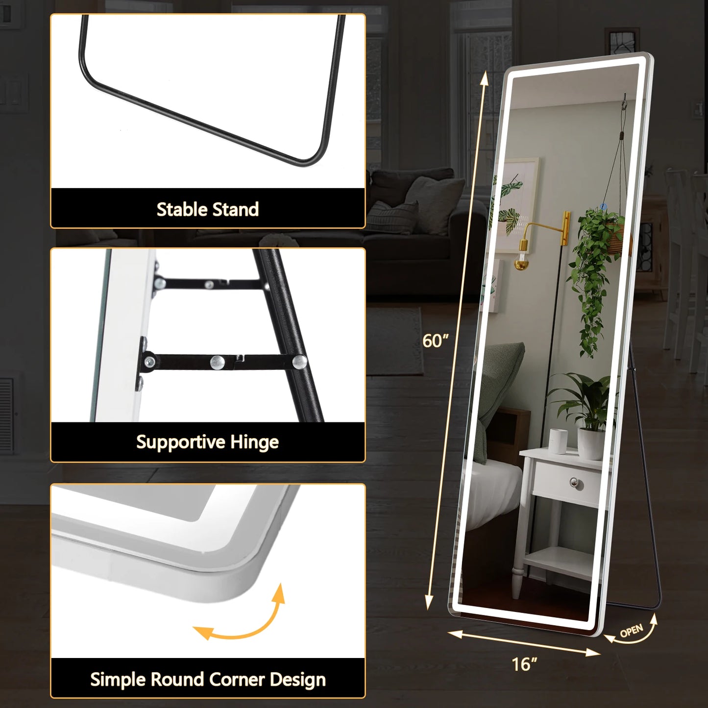 Full Body Wall Mirror 59"x16"/64"x21" Standing or Wall-Hanging with Stand Aluminum Alloy Frame Bedroom Cloakroom Decoration