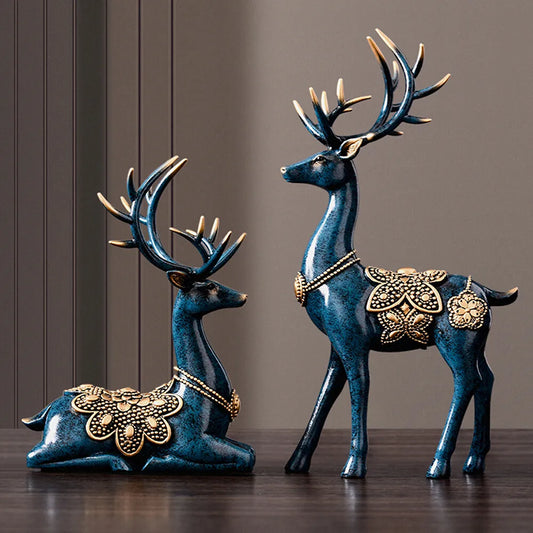 2 PCS Large Resin Deer Figurine Sculpture, Tabletop Hand-painted Statue for Home Office Art Decoration, Blue