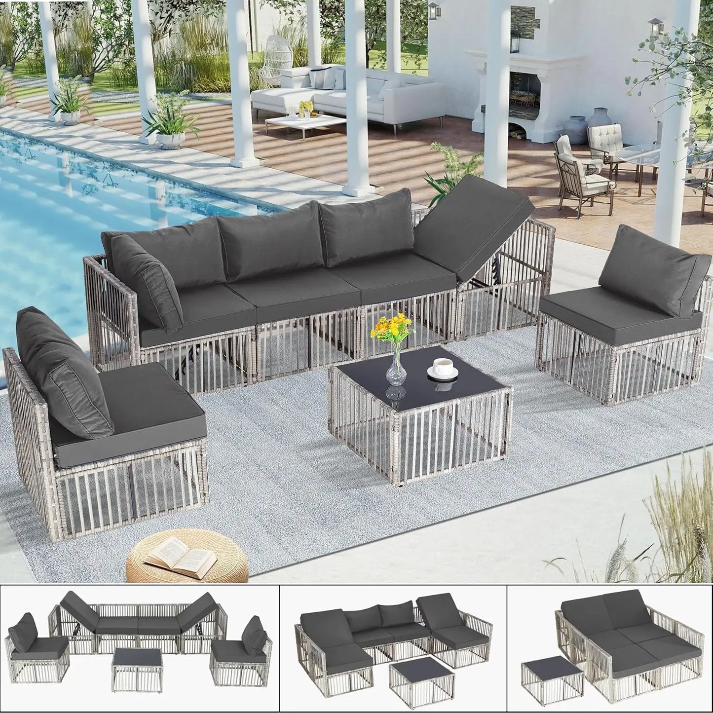 7 piece outdoor wicker patio furniture set, rattan sectional sofa couch, patio conversation set with cushion & coffee table