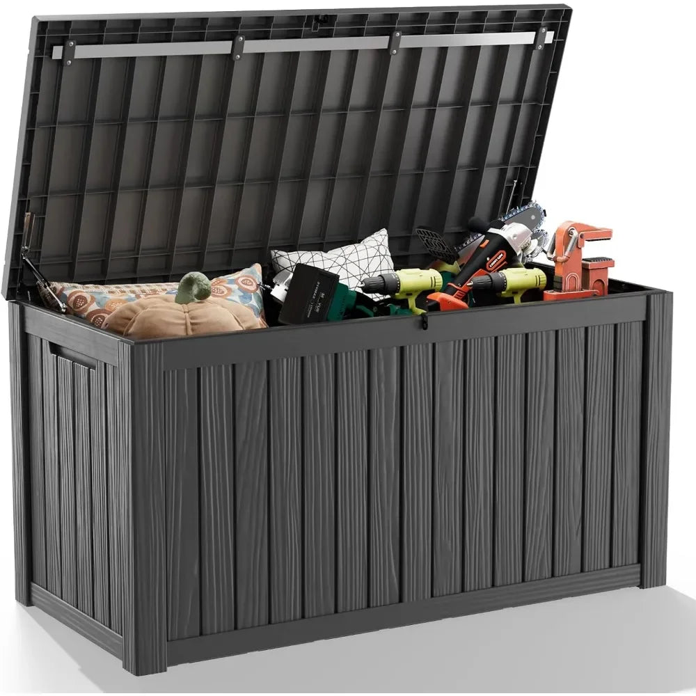 Outdoor Storage Box, Large Waterproof Deck Box, Lockable Resin Storage Container with Reinforced Support for Patio Cushions