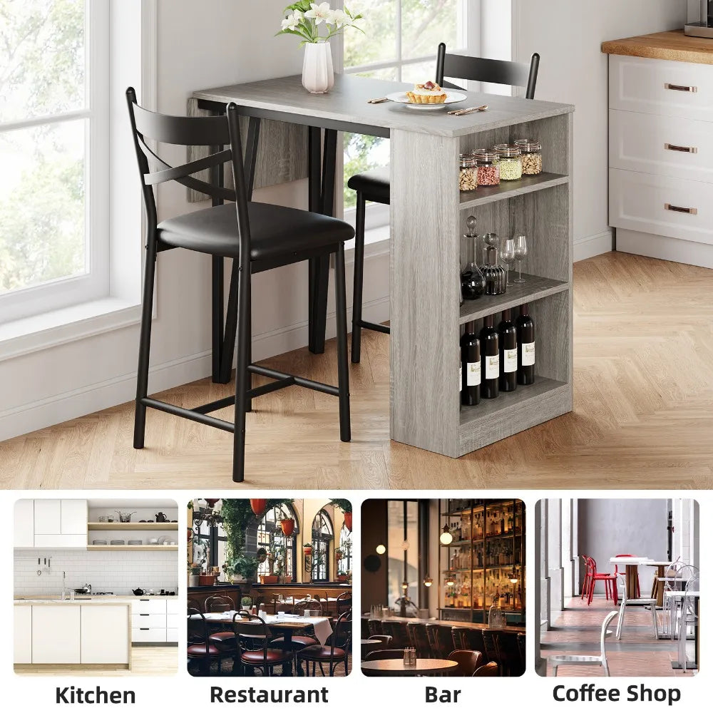 3-Piece Counter Height Dining Table Set Bar Table w/ 3-Layer Shelves & 2 Chairs