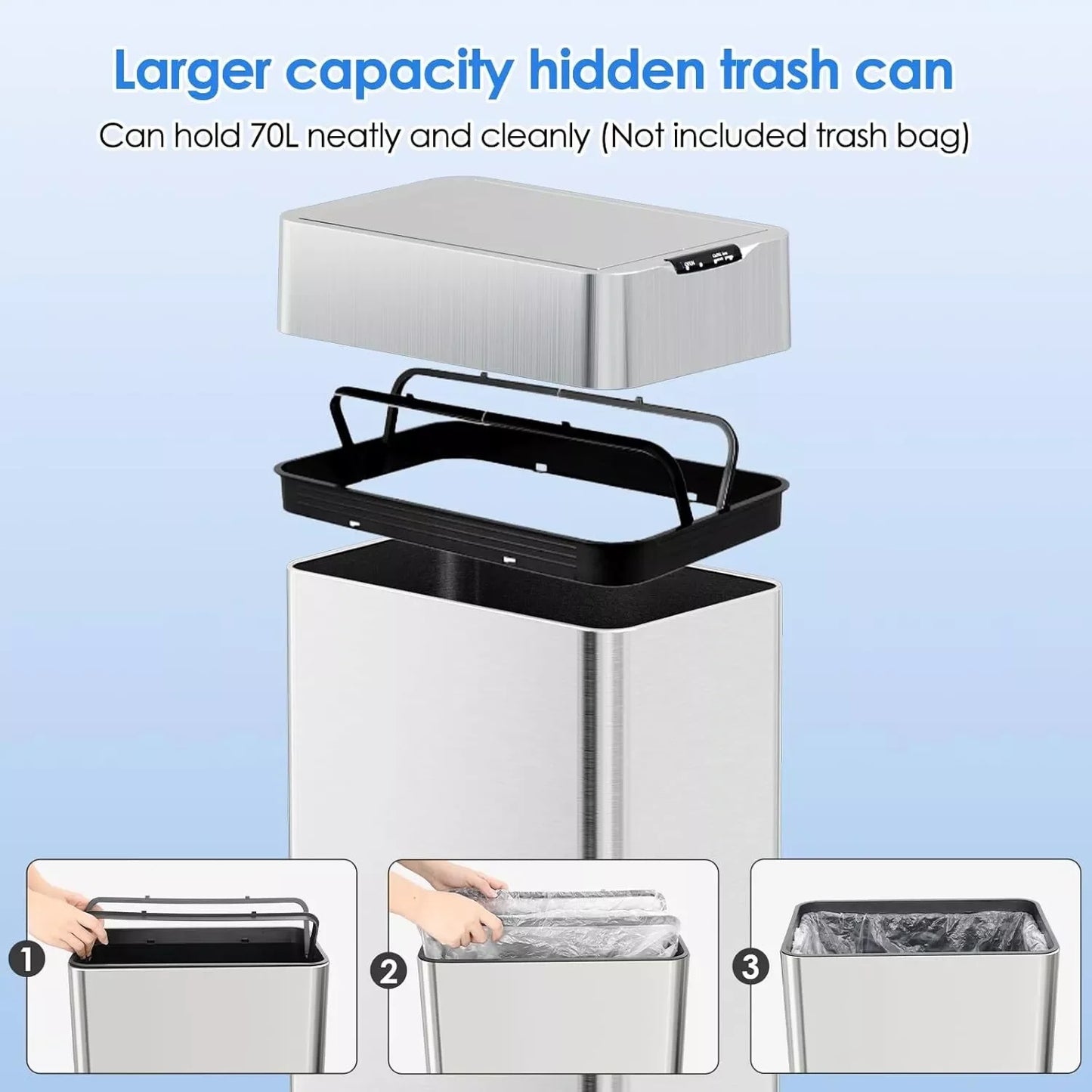 13.2-21.1Gal (50-80L) Motion Sensor Trash Can for Kitchen Stainless Steel Garbage Can Gal  Automatic Garbage Smart Bin