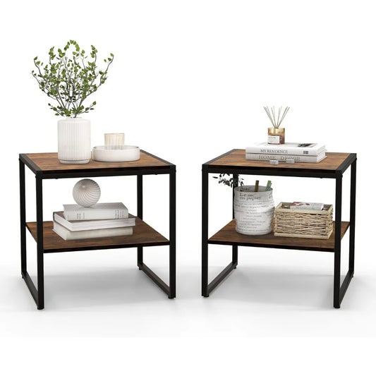 End Table Set of 2, Industrial 2-Tier Side Tables with Open Shelf, 20 Square Coffee Table with Heavy-Duty Metal Frame, Compact