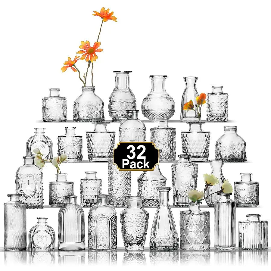 32 Pcs Bud Vase Set, Clear Vases for Centerpieces, Cute Glass Bud Vases Small Vases for Flowers, Mini Vase Flower Vase Set perfect for Window Sill, Centerpiece in Dining Room, Living Room & Bathroom.