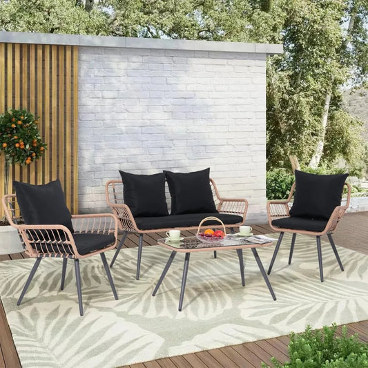 Verano Garden 4 Pieces Patio Furniture Set, Outdoor Wicker Patio Conversation Set for Porch Deck, Boho Loveseat & 2 Armchairs