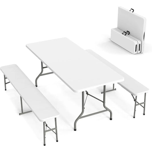 Picnic Table Set with 2 Benches, 6-Foot Folding Furniture, 3-Piece Outdoor and Indoor Use