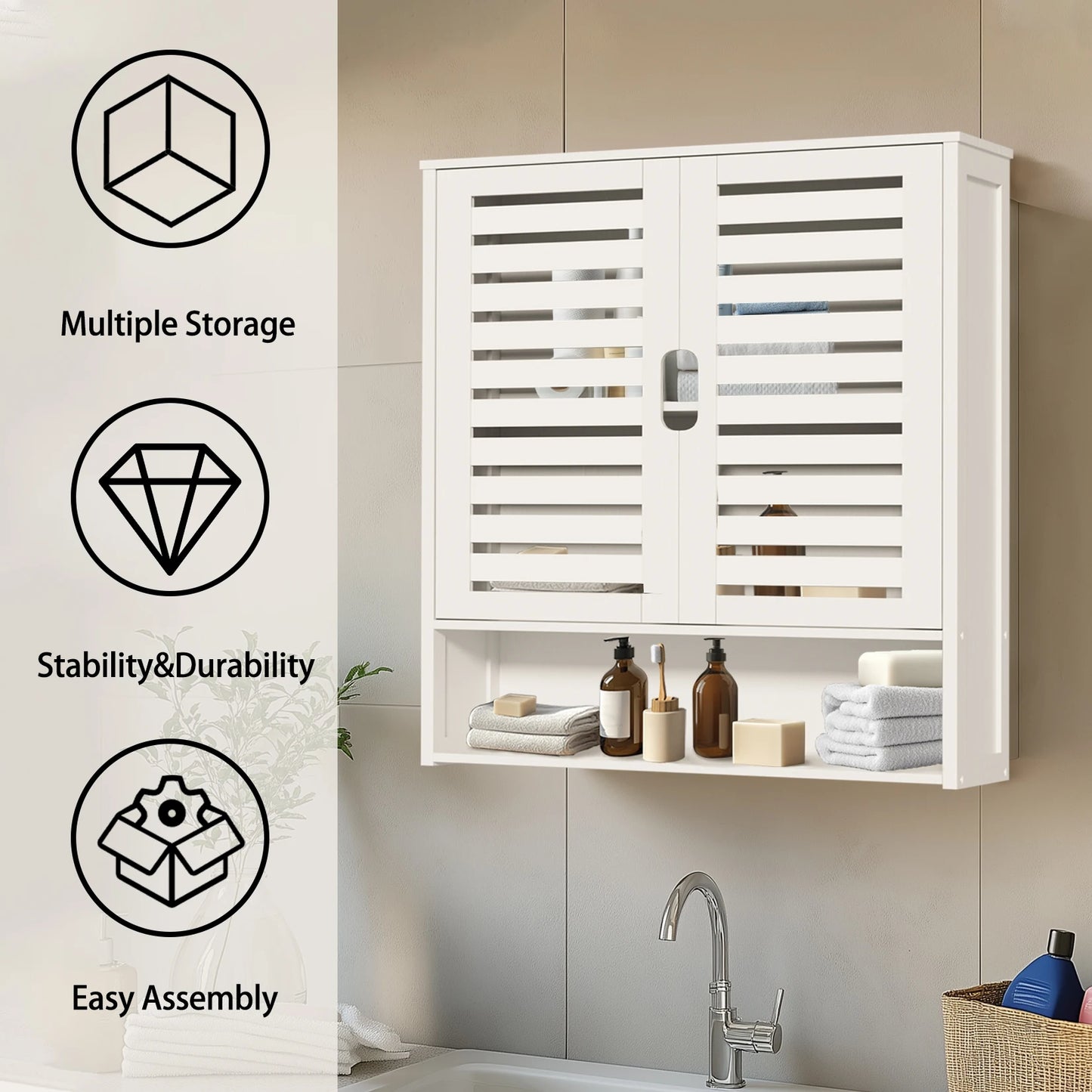 Bathroom Cabinet Wall Mounted Bamboo Storage Organizer Medicine Cabinet with 2 Doors