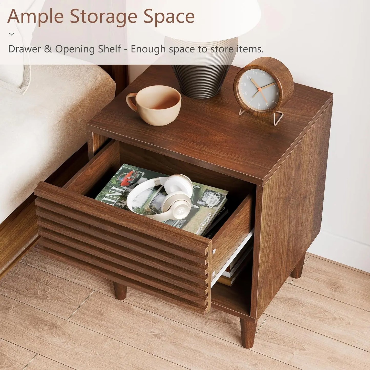 Mid Century Modern Nightstand, Fluted Night Stand, Wood Bedside Table with Drawer and Cube Storage for Bedroom, Side Accent End