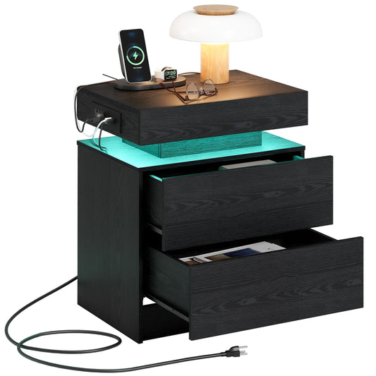 Night Stand with Charging Station, Modern Nightstand with LED Light and Drawers, Bedside Tables/End Table for Bedroom