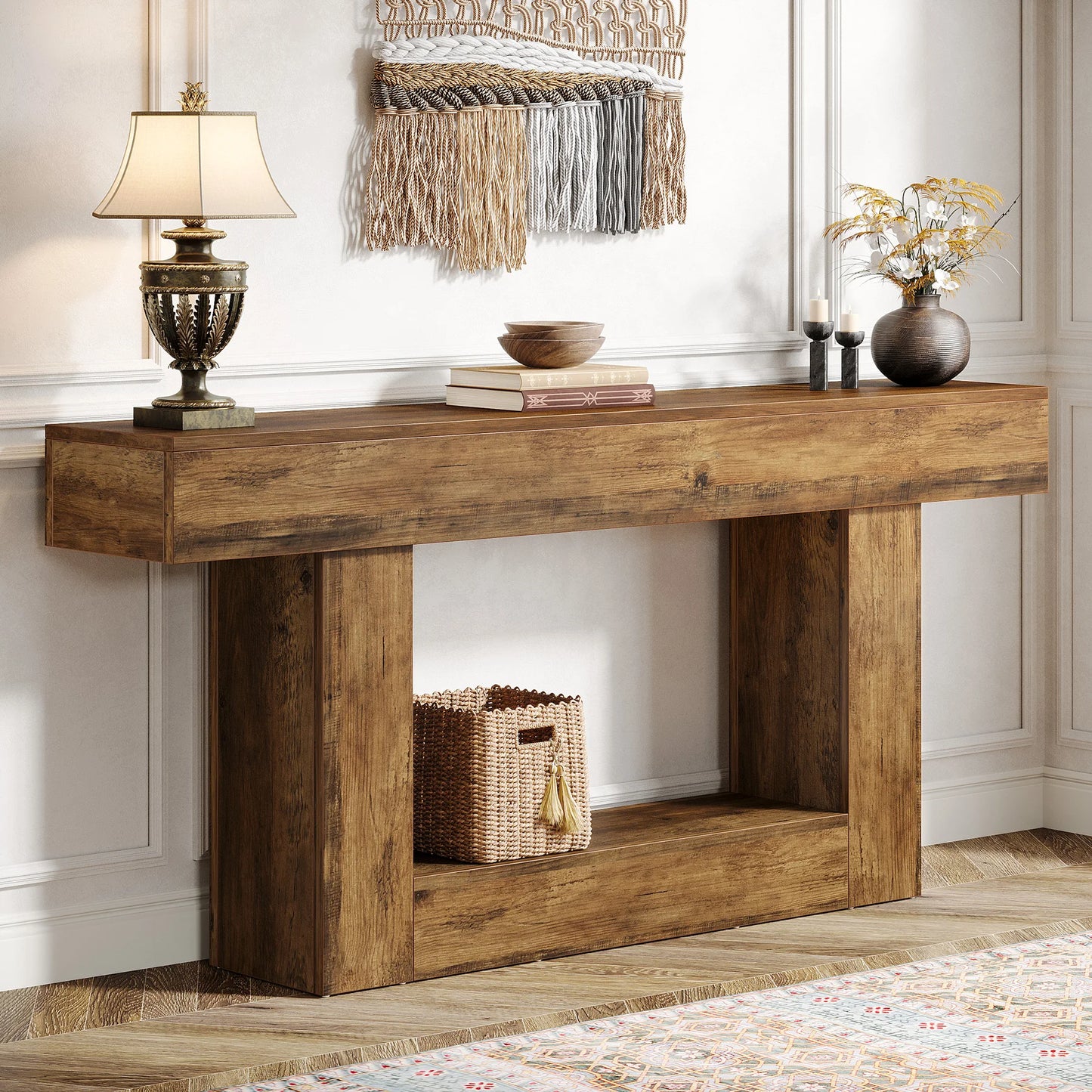 Tribesigns 63" Console Table, Farmhouse 2-Tier Entryway Table with U-Shaped Base, Narrow Long Wood Sofa Table Behind Couch Table (Multiple colors)