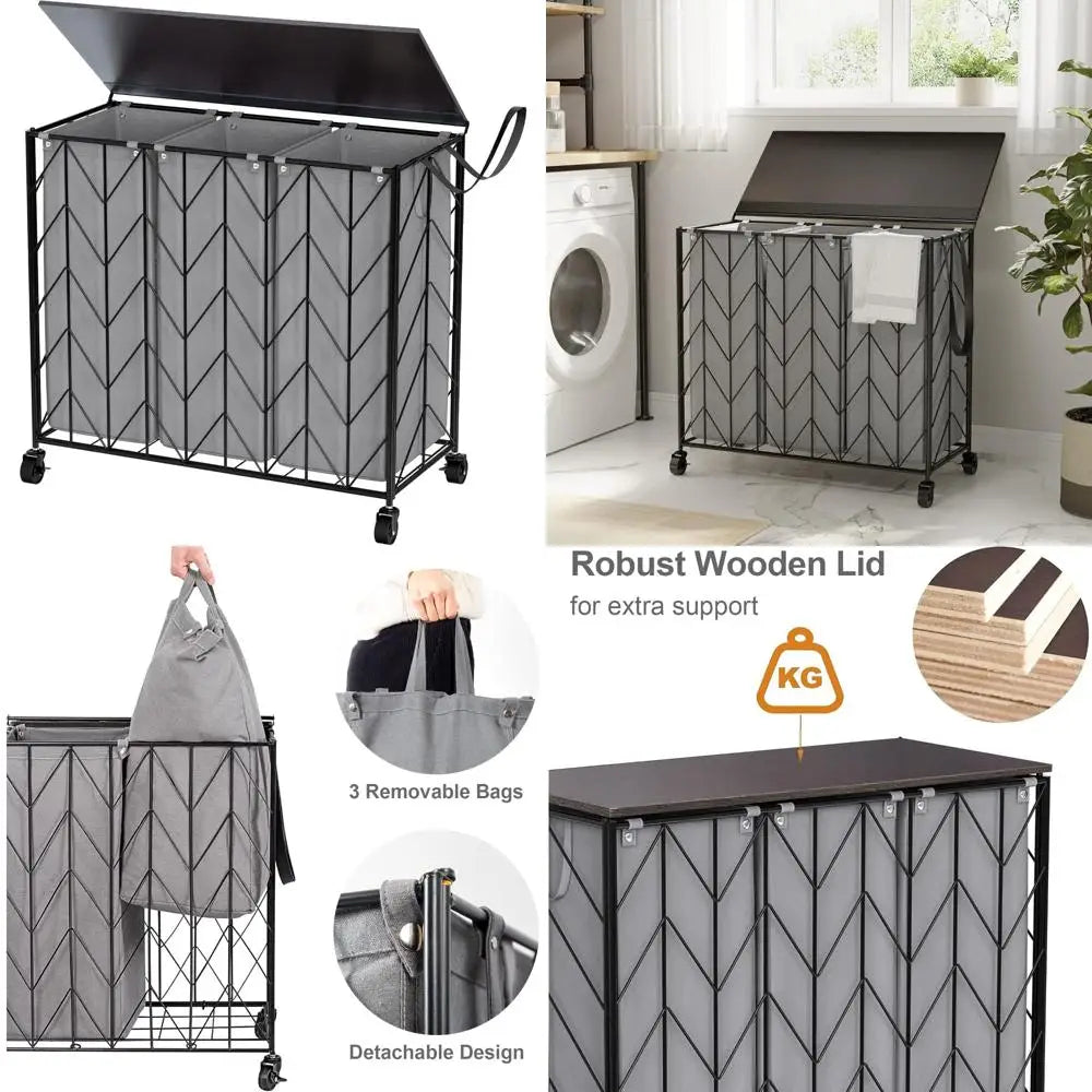 Large Capacity 142L 3-Section Rolling Laundry Hamper with Lid and Removable Bags, Ideal for Dirty Clothes Storage and Organization