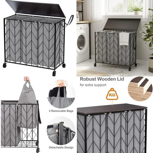 Large Capacity 142L 3-Section Rolling Laundry Hamper with Lid and Removable Bags, Ideal for Dirty Clothes Storage and Organization