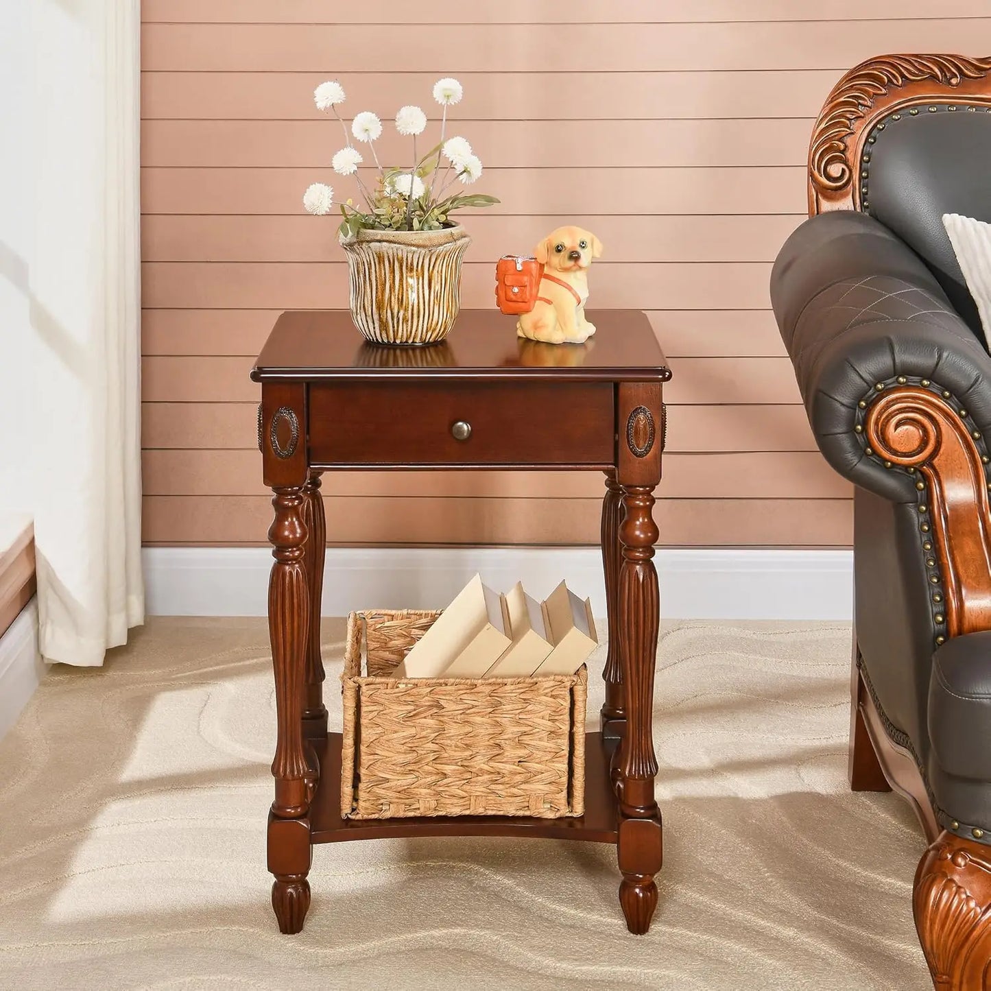 Solid Wood Side Table with Drawer, Victorian Style Vintage Nightstand, Antique Cherry Wood End Tables Living Room Bedroom