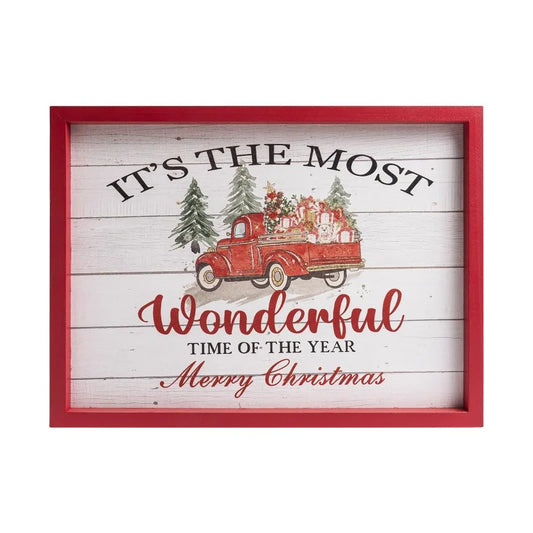 Red Truck Christmas Wall Decor, Wooden Its The Most Wonderful Time Of The Year Sign, Rustic Holiday Wall Art Framed Home