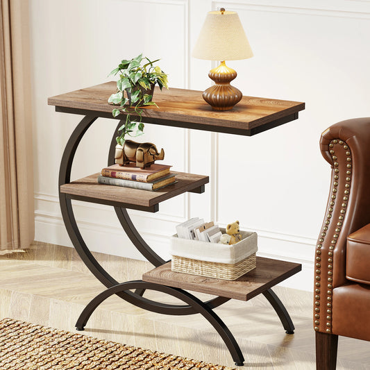 Tribesigns C-Shaped End Table, Industrial 3-Tier Small Table for Couch, Wood Bedside Table Snack Table with Storage Shelves (Multiple colors)