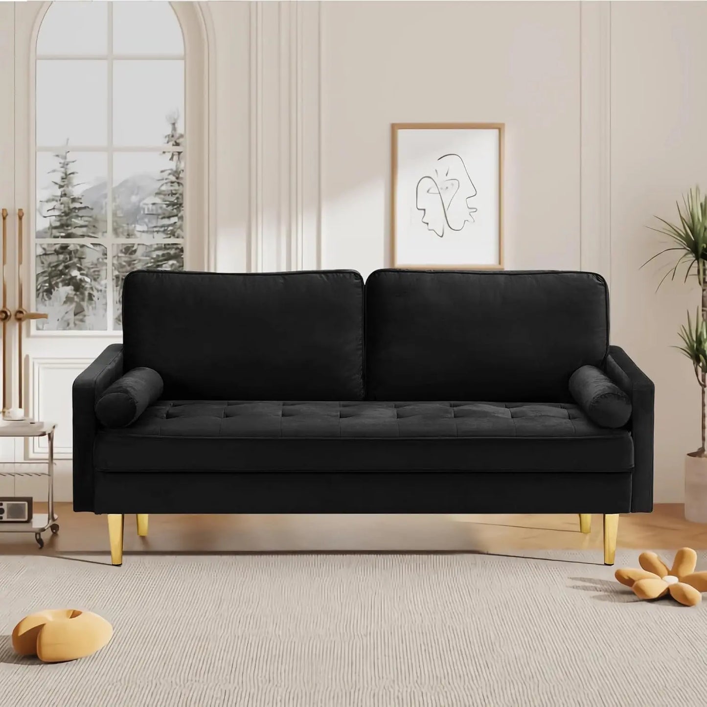 67" Modern Velvet Loveseat Sofa Couch, Mid-Century Tufted Upholstered Small Love Seat Couch with 2 Pillows & 4 Golden Legs (Multiple colors)