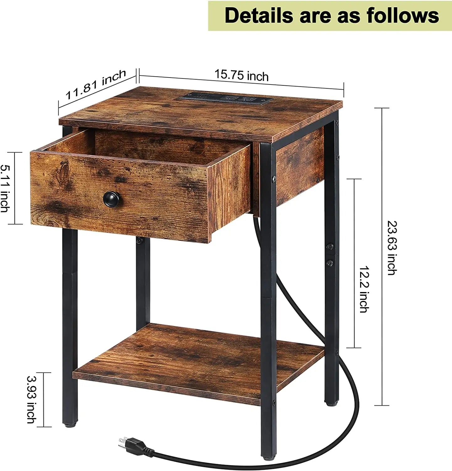 Bedside table with row plug hanging drawer - three USB versions suitable for bedrooms