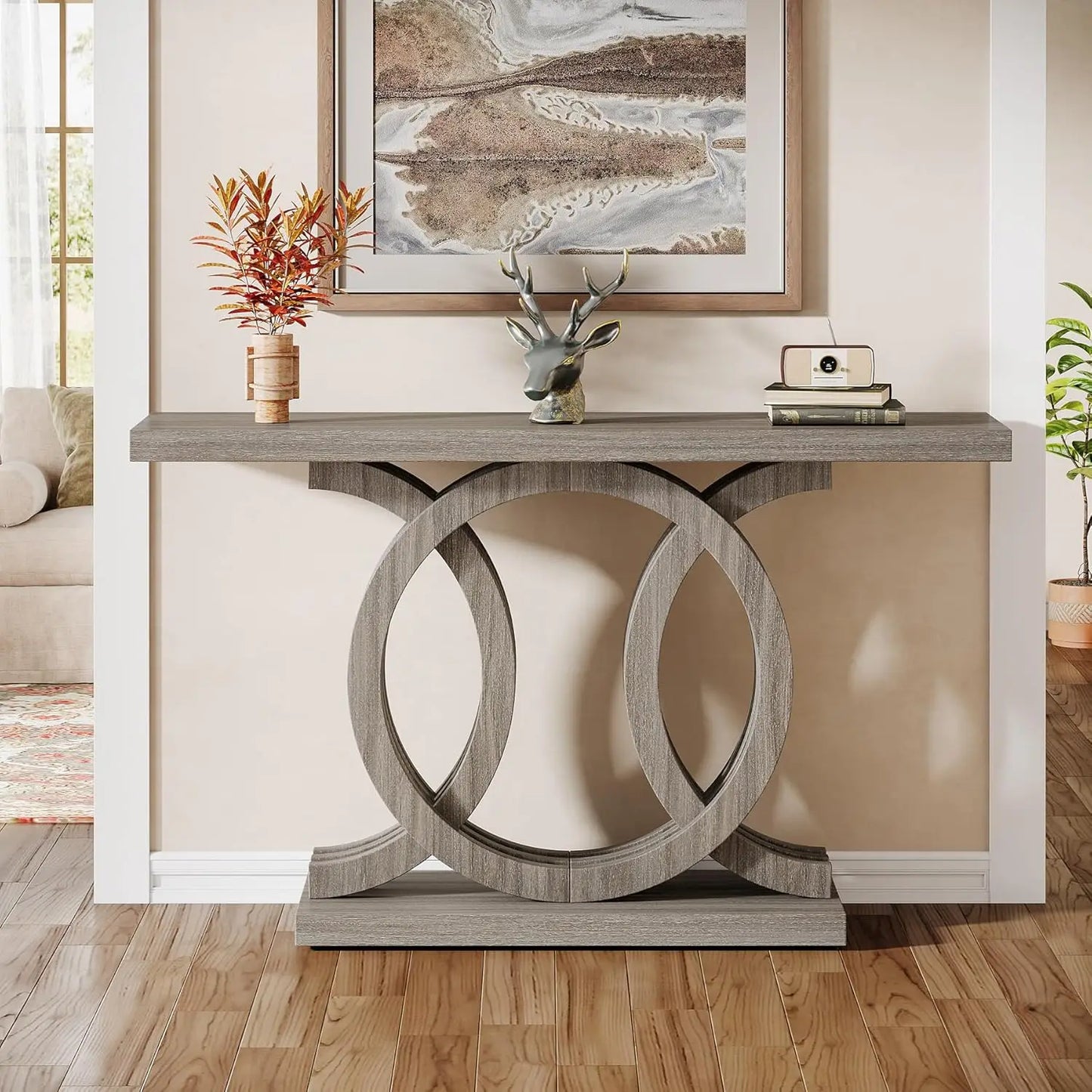 55-Inch Console Table with Geometric Wood Base,Modern Entryway Table with Thick Tabletop for Living Room, Hallway, Foyer (Gray)(Multiple colors)
