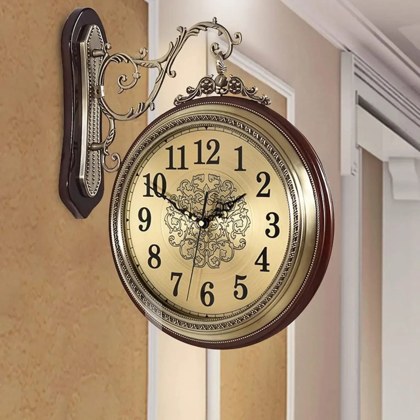 Large Wall Clock Double Sided, European Style Alloy Wall Clock Non Ticking Silent Clock for Indoor, Office, Living Room