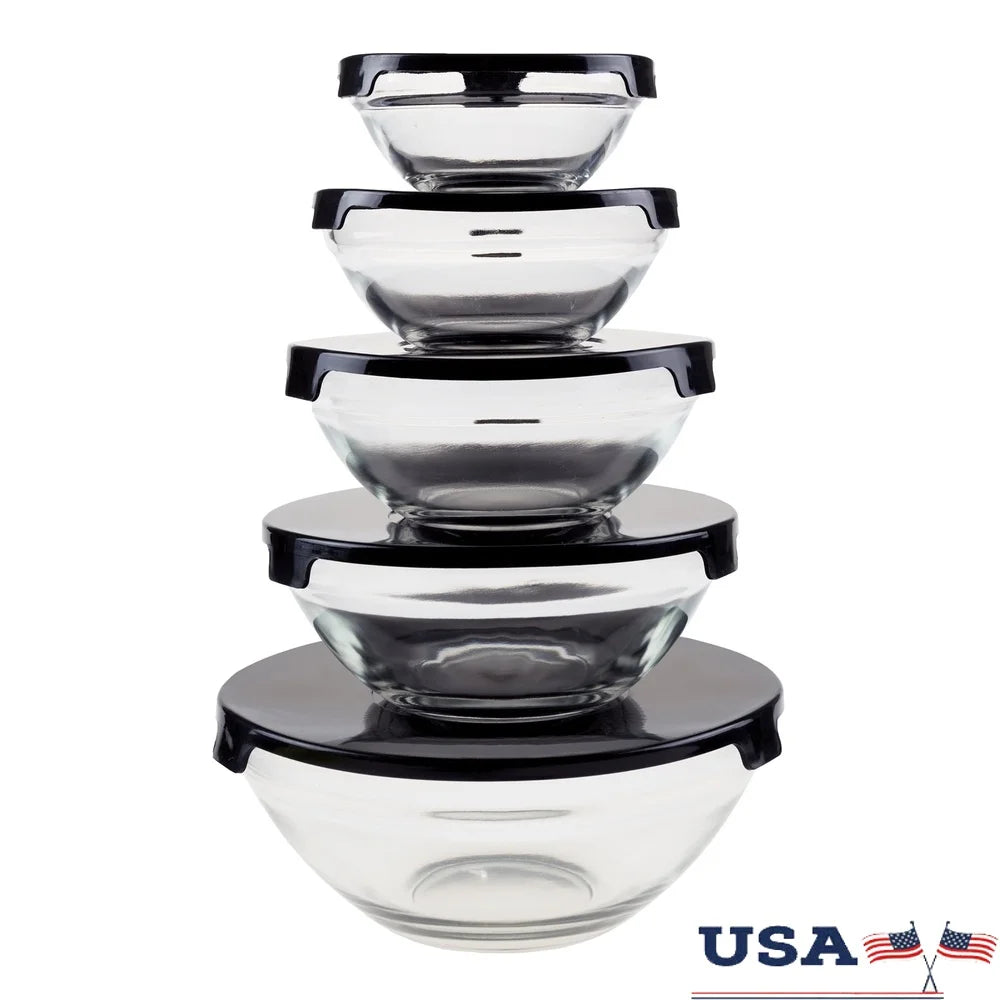 Glass Food Storage Containers with Snap Lids- 10 Piece (Black)