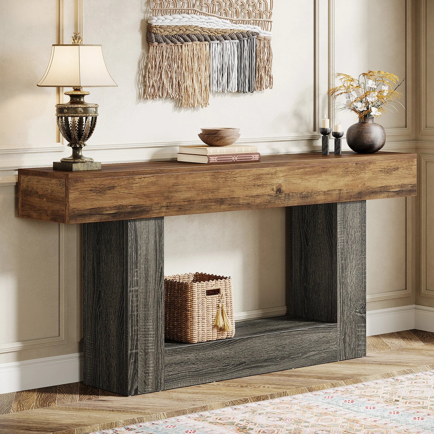 Tribesigns 63" Console Table, Farmhouse 2-Tier Entryway Table with U-Shaped Base, Narrow Long Wood Sofa Table Behind Couch Table (Multiple colors)