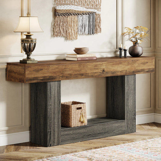 Tribesigns 63" Console Table, Farmhouse 2-Tier Entryway Table with U-Shaped Base, Narrow Long Wood Sofa Table Behind Couch Table (Multiple colors)
