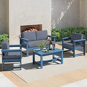 4 Pieces HDPE Outdoor Sofa Set with Cushions, All Weather Use Loveseat Furniture, Outdoor Conversation Couch Set with Coffee Table