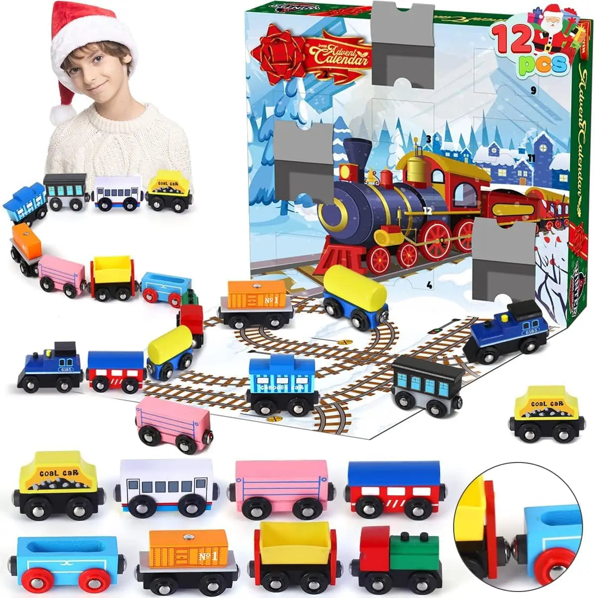 JOYFY 2025 Christmas Countdown Advent Calendar Magnetic Train Sets12 Days Cars Advent Calendar for Kids Party Favor Xmas Gift